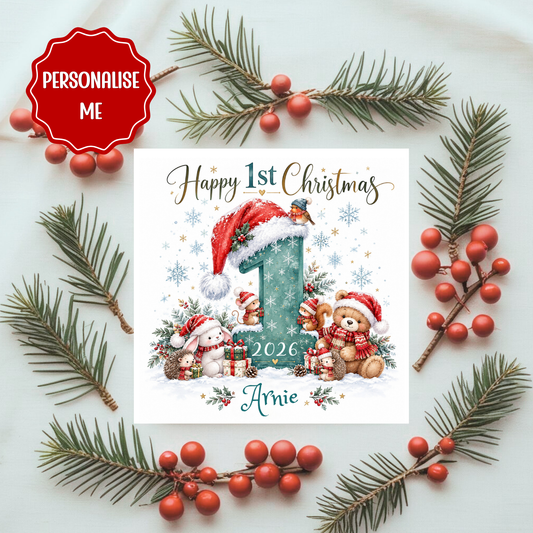 Personalised Baby’s 1st Christmas Card | 2025 First Christmas Card for Boy or Girl | Cute Animal Festive Keepsake Card