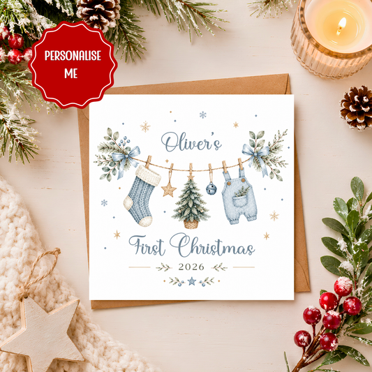 Personalised Baby Boy First Christmas Card, Baby’s 1st Christmas Card, Son Grandson Nephew Xmas Card, Custom Name Keepsake