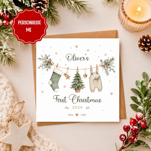 Personalised Baby Boy First Christmas Card, Baby’s 1st Christmas Card, Son Grandson Nephew Xmas Card, Custom Name Keepsake