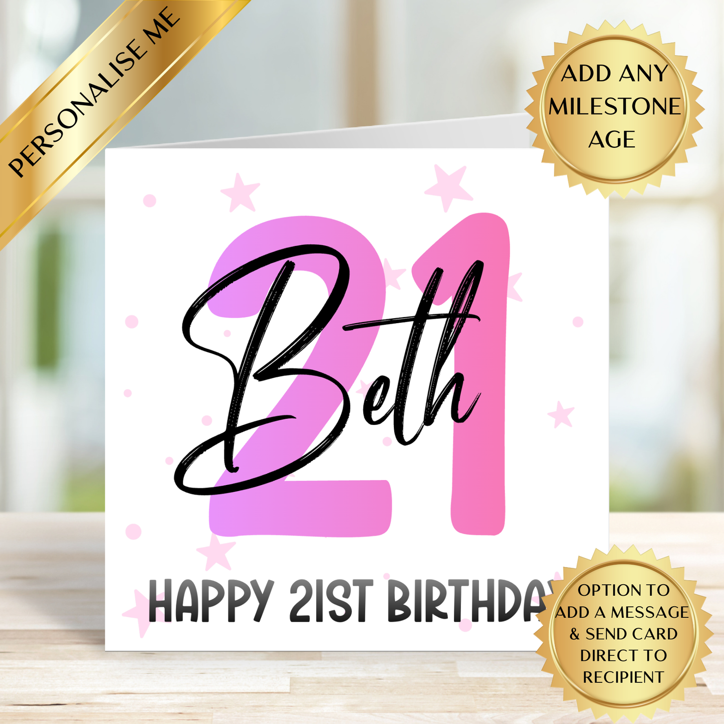 Personalised Milestone Birthday Card | Custom Name & Any Age Milestone Card | Pink Birthday Card for Her | Personalised Birthday Card