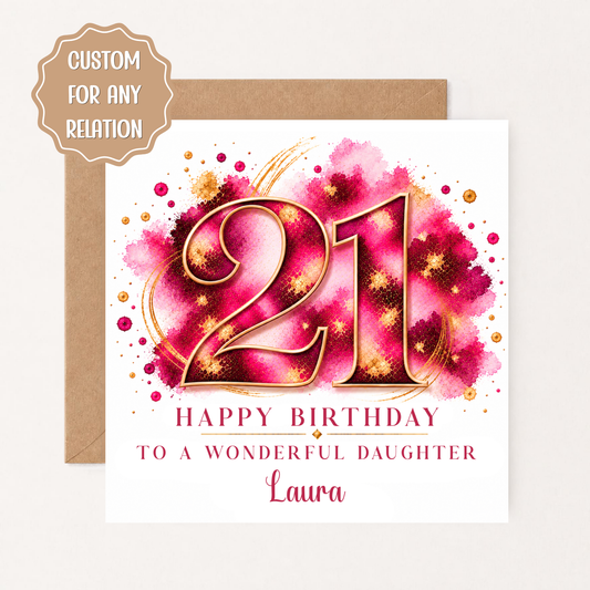 Personalised 21st Birthday Card for Daughter, Granddaughter or Niece, Pink Gold 21st Birthday Card for Her, Custom Name Card