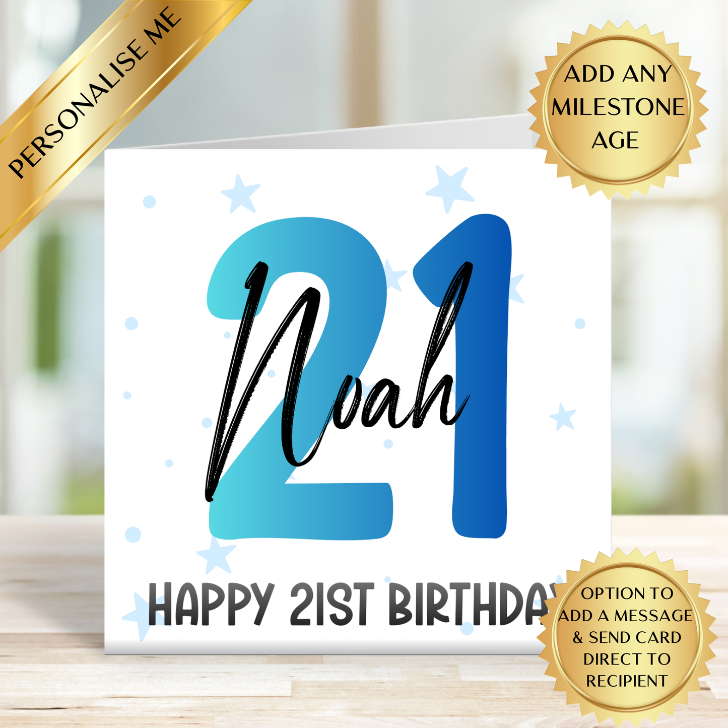 Personalised Milestone Birthday Card for Him | Any Age Custom Name | Modern Blue 18th 21st 30th 40th 50th 60th 70th 80th Birthday Card
