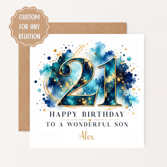 Personalised 21st Birthday Card for Son, Grandson, Nephew, Brother, Blue Gold 21st Birthday Card, Custom Name Milestone Card