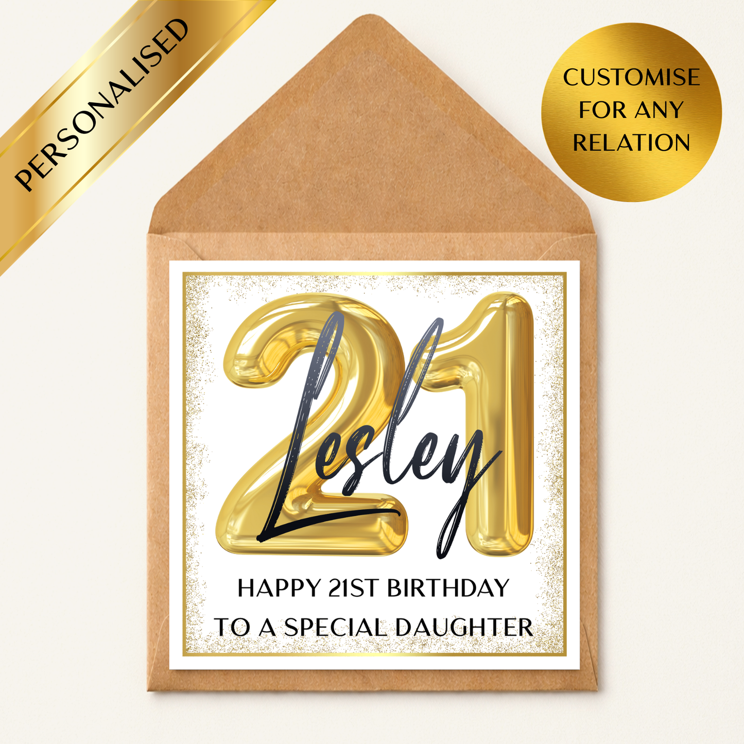 Personalised 21st Birthday Card Any Name, Custom 21st Birthday Card, Gold 21 Balloon Birthday Card, 21st Birthday Card Any Relation, Son Daughter Friend