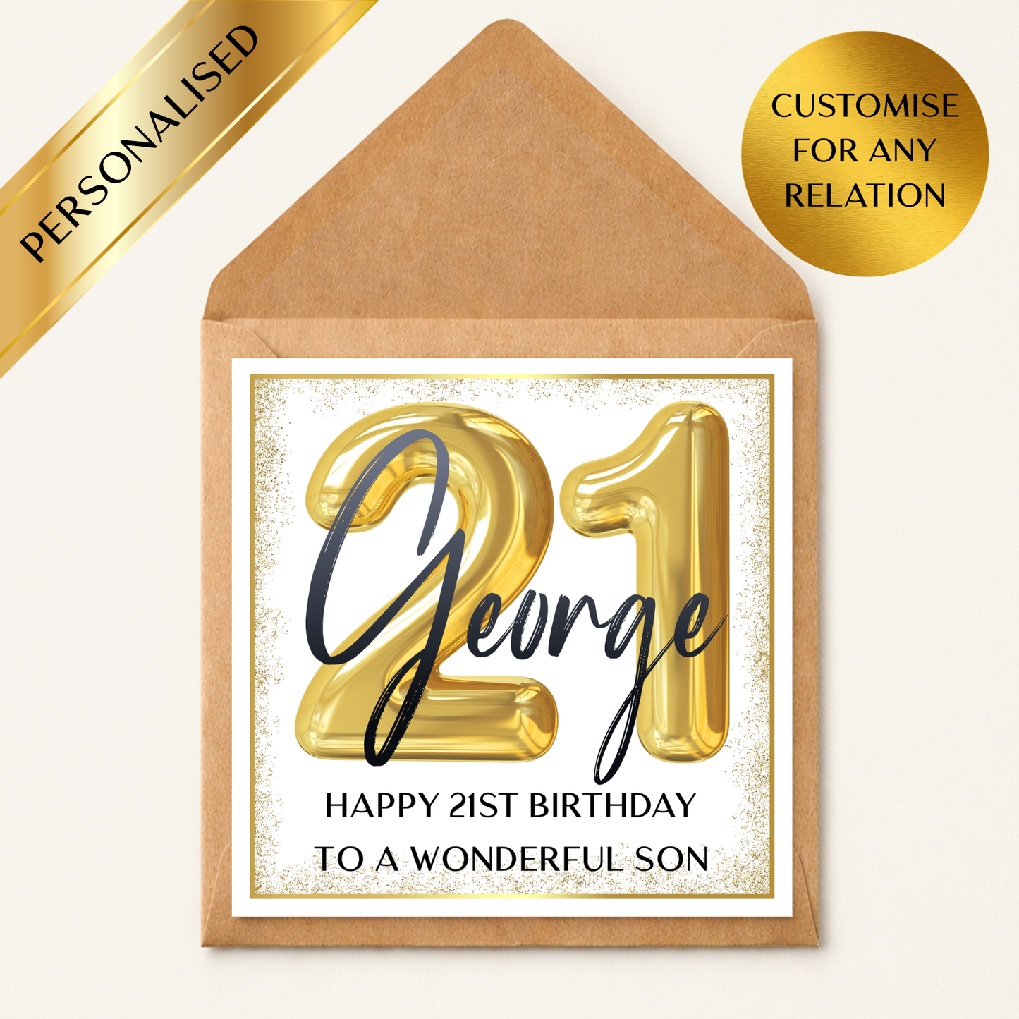 Personalised 21st Birthday Card Any Name, Custom 21st Birthday Card, Gold 21 Balloon Birthday Card, 21st Birthday Card Any Relation, Son Daughter Friend