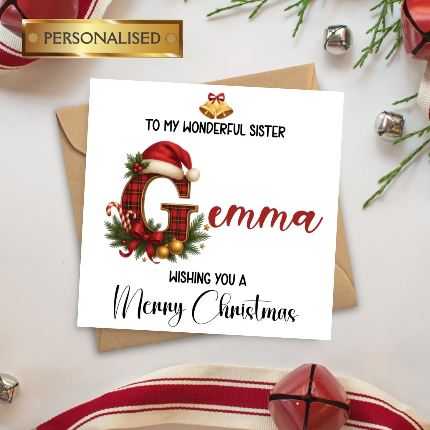 Personalised Christmas Card: Festive Name Card for Friends and Family | Personalised Christmas Card with Custom Name Initial Festive Card