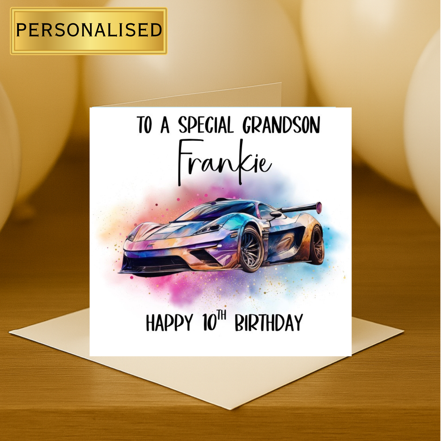Personalised Supercar Birthday Card – Grandson / Any Name & Age – Boys Birthday Card
