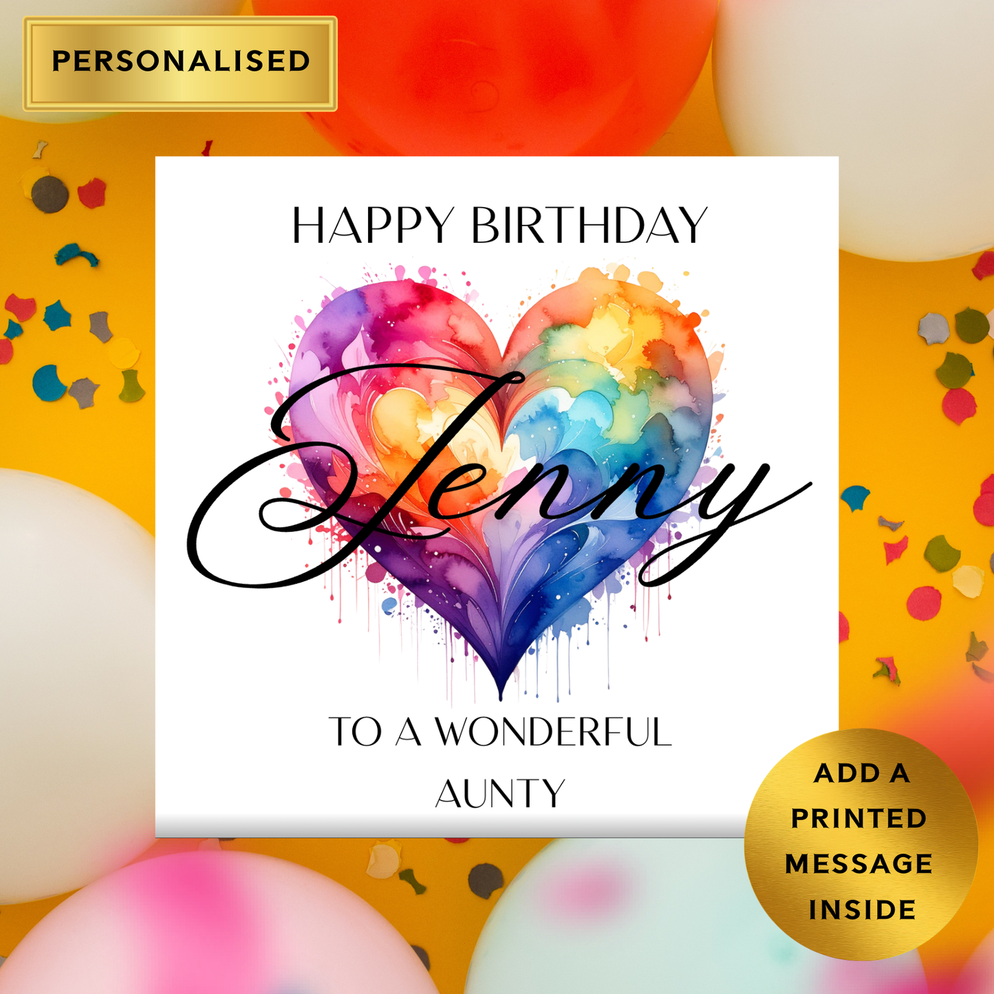 Personalised Birthday Card for a Friend or Relative | Custom Name Birthday Card | Colourful Heart Design | Friend, Sister, Aunty, Cousin
