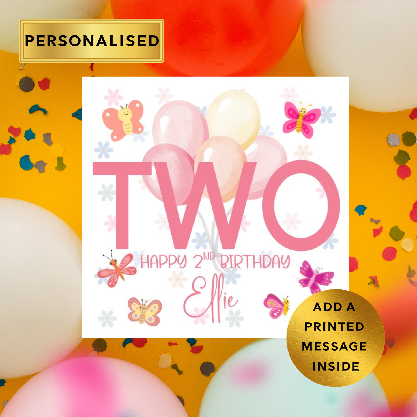 Personalised Kids Birthday Card – Any Age, Any Name | Butterfly & Balloons Theme