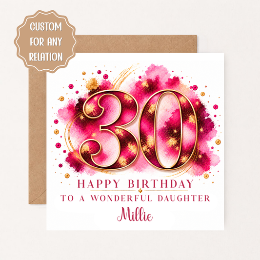 Personalised 30th Birthday Card for Daughter, Granddaughter or Niece, Pink Gold 30th Birthday Card for Her, Custom Name Card