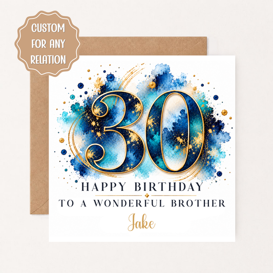 Personalised 30th Birthday Card for Him, Son, Brother, Husband, Boyfriend, Blue Gold 30th Birthday Card, Custom Name