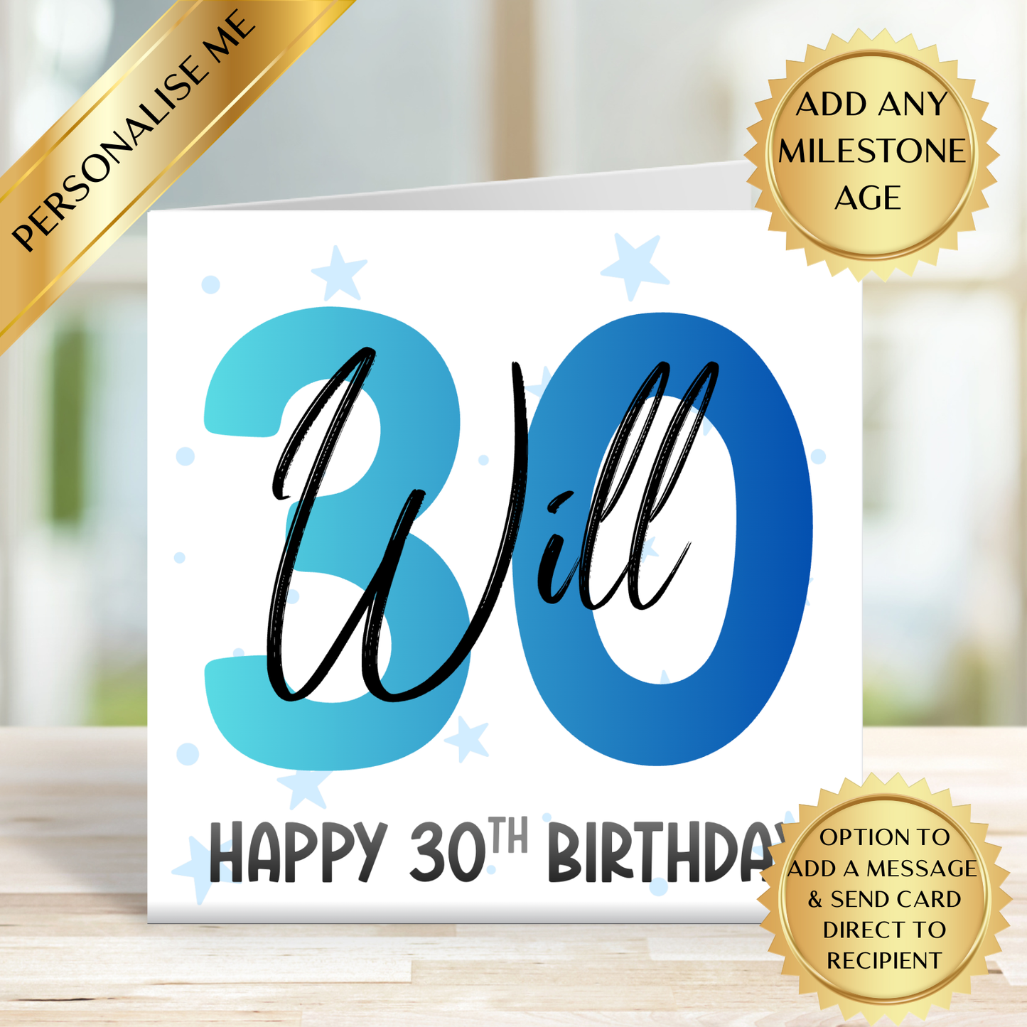 Personalised Milestone Birthday Card for Him | Any Age Custom Name | Modern Blue 18th 21st 30th 40th 50th 60th 70th 80th Birthday Card