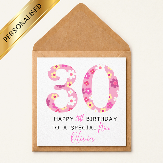 Personalised Floral 30th Birthday Card, Custom Age Flower Design
