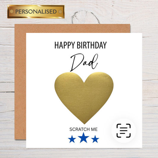 Personalised Scratch to Reveal Birthday Card for Dad | Custom Message Under Gold Heart | Fun Surprise Scratch Off Card for Him