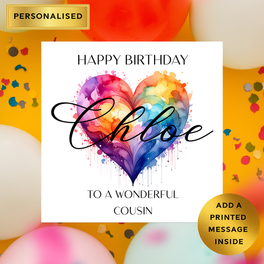 Personalised Birthday Card for a Friend or Relative | Custom Name Birthday Card | Colourful Heart Design | Friend, Sister, Aunty, Cousin