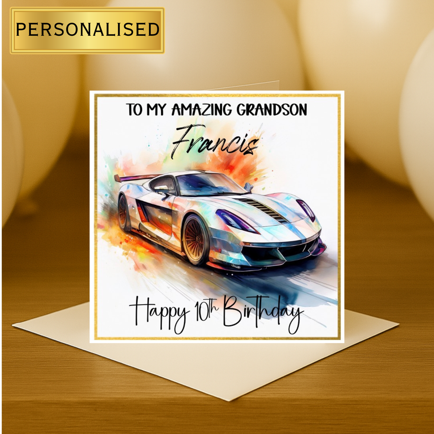Personalised Supercar Birthday Card – Custom Kids Racing Car