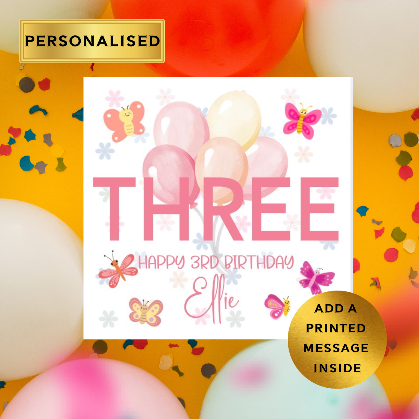 Personalised Kids Birthday Card – Any Age, Any Name | Butterfly & Balloons Theme