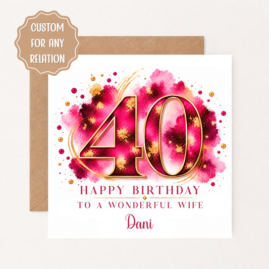 Personalised 40th Birthday Card for Wife, Daughter, Sister or Friend, Pink Gold 40th Birthday Card for Her, Custom Name Card