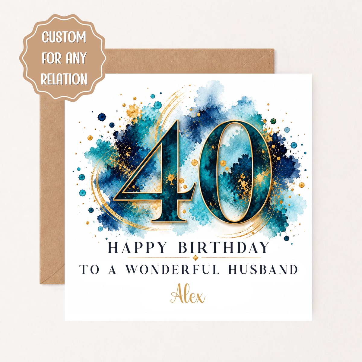 Personalised 40th Birthday Card for Him, Husband, Son, Brother, Dad, Blue Gold 40th Birthday Card, Custom Name Milestone Card