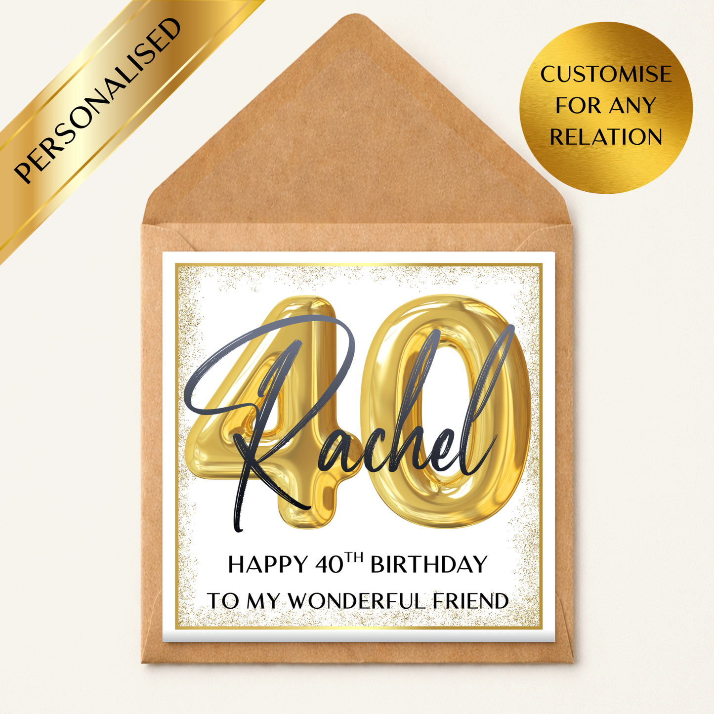 Personalised 40th Birthday Card Any Name, 40th Birthday Card For Him Her, Custom 40 Birthday Card Husband Wife Friend, Gold 40th Birthday Card