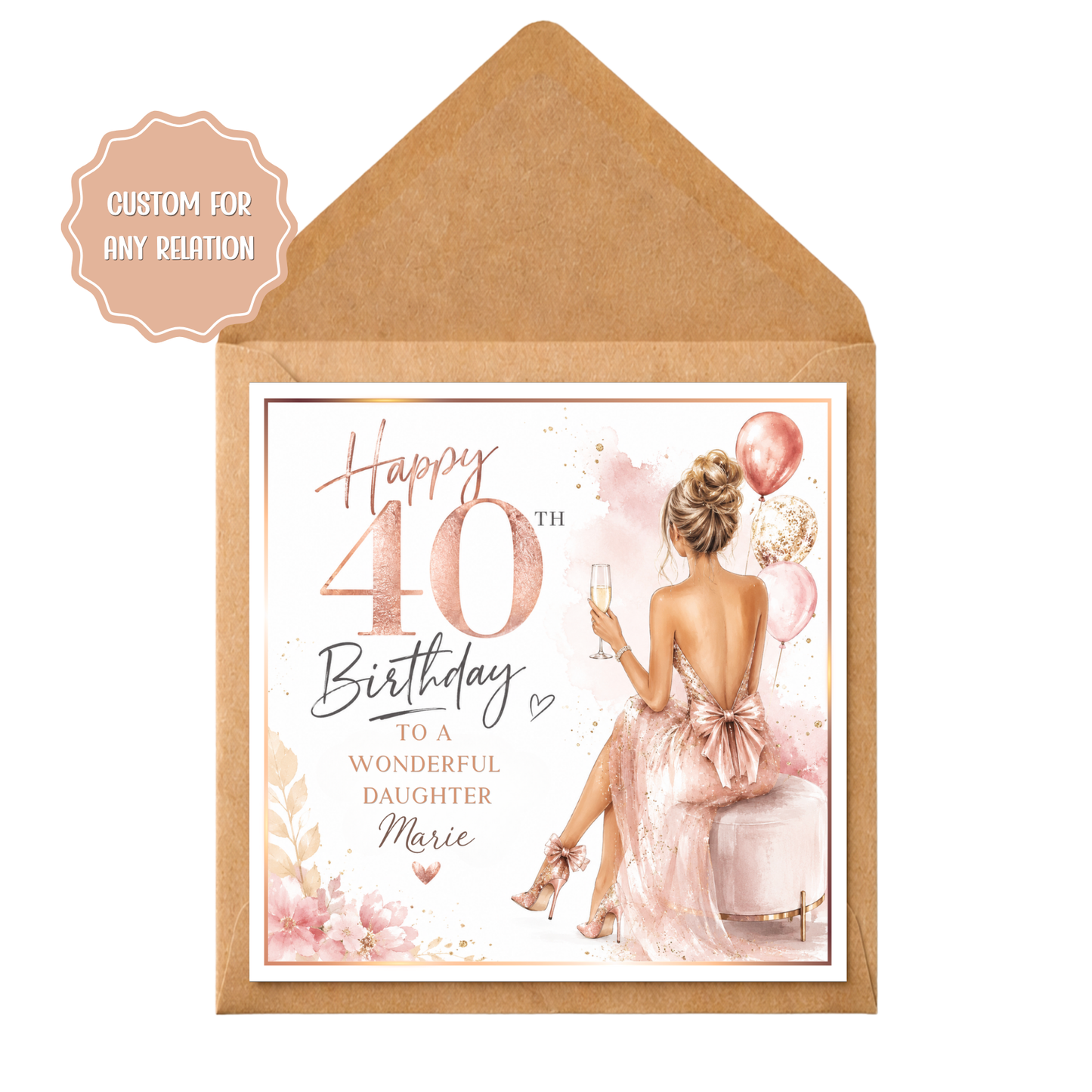 Personalised 40th Birthday Card any relation | Luxury Rose Gold 40th Birthday Card | Custom Name | Any Relation | Milestone Birthday Card