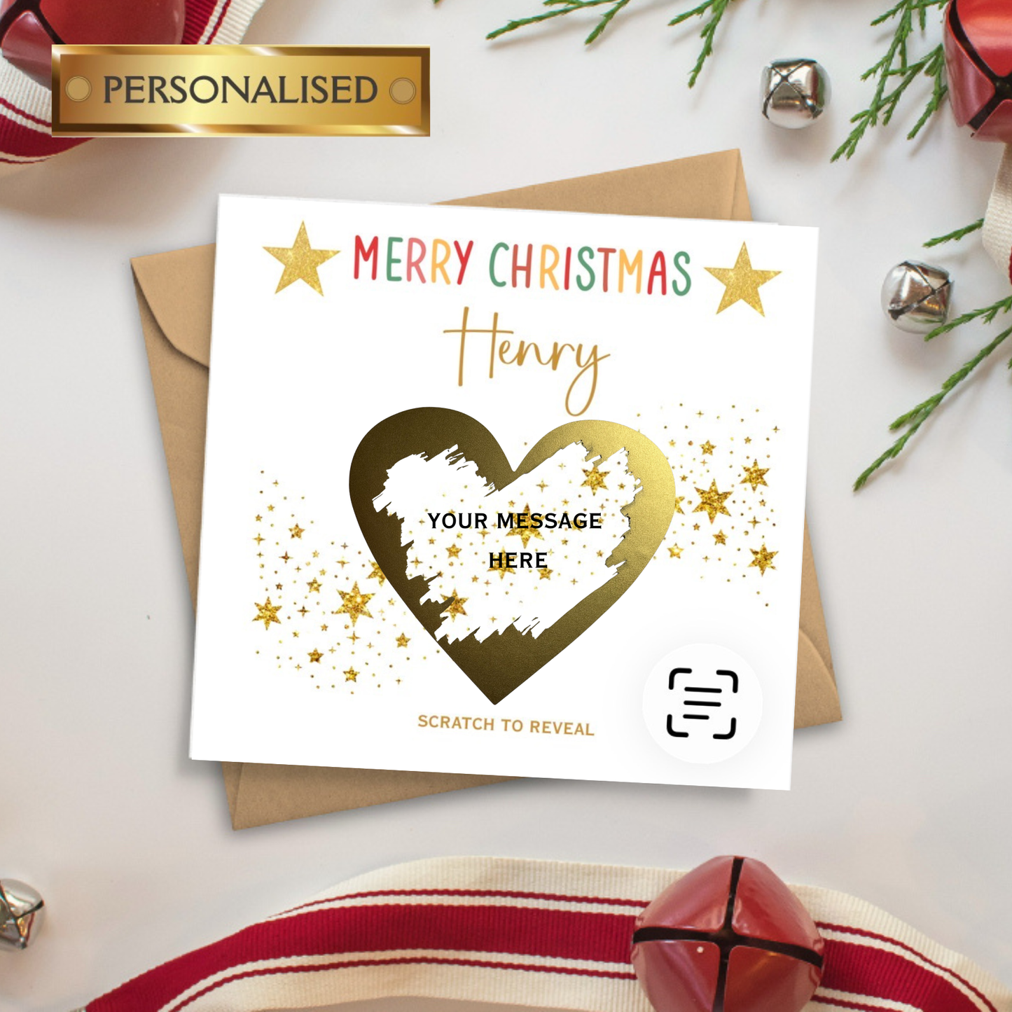 Personalised Scratch to Reveal Christmas Card – Custom Name or Relation | Secret Message Under Gold Heart | Special Christmas Gift Card