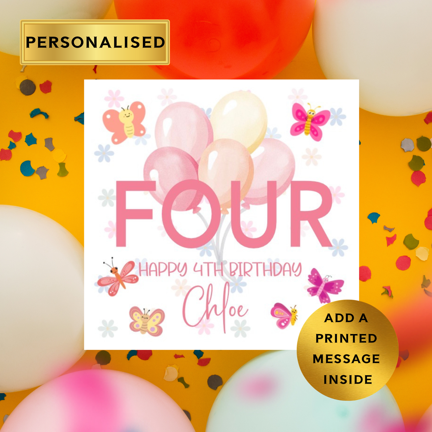Personalised Kids Birthday Card – Any Age, Any Name | Butterfly & Balloons Theme