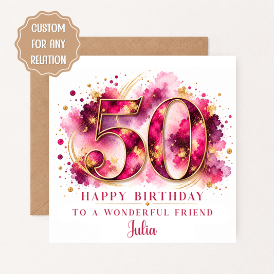 Personalised 50th Birthday Card for Her, Wife, Mum, Sister or Friend, Pink & Gold Fiftieth Birthday Card with Name