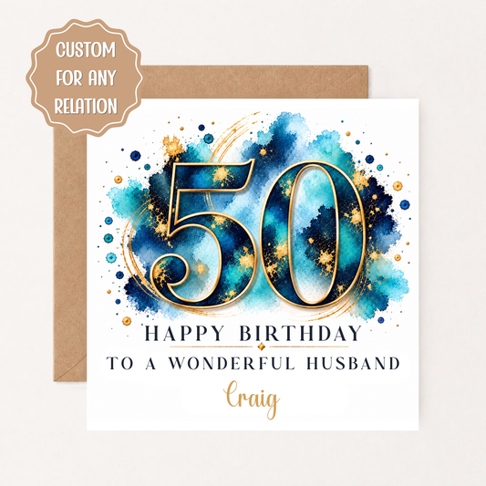 Personalised 50th Birthday Card for Him, Husband, Dad, Son, Brother, Blue Gold 50th Birthday Card, Custom Name Milestone Card