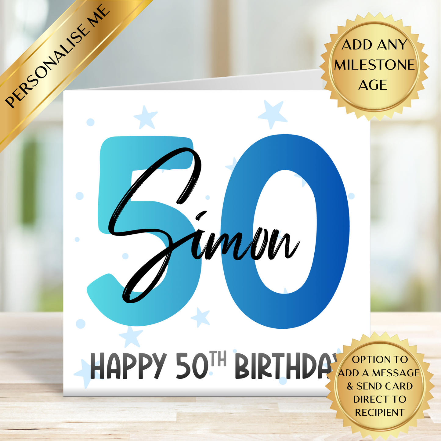 Personalised Milestone Birthday Card for Him | Any Age Custom Name | Modern Blue 18th 21st 30th 40th 50th 60th 70th 80th Birthday Card