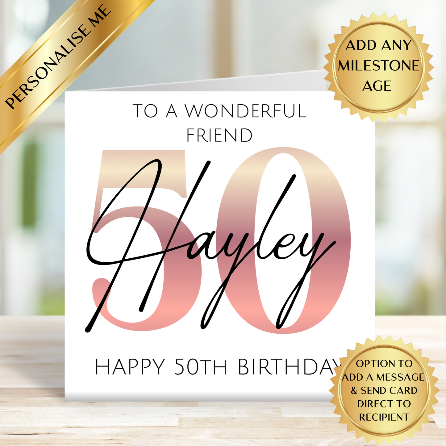 Personalised Milestone Birthday Card | Custom Name & Any Age Milestone Card | Rose Gold Birthday Card for Her | Personalised Birthday Card