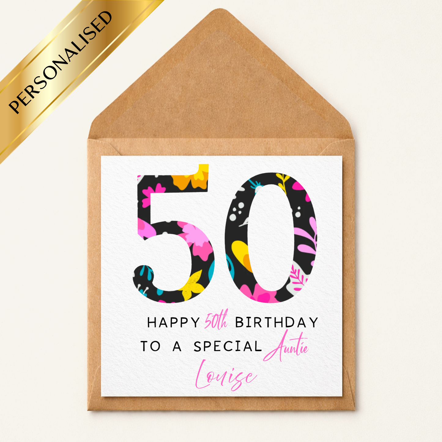 Personalised Floral 50th Birthday Card, Custom Age Flower Design