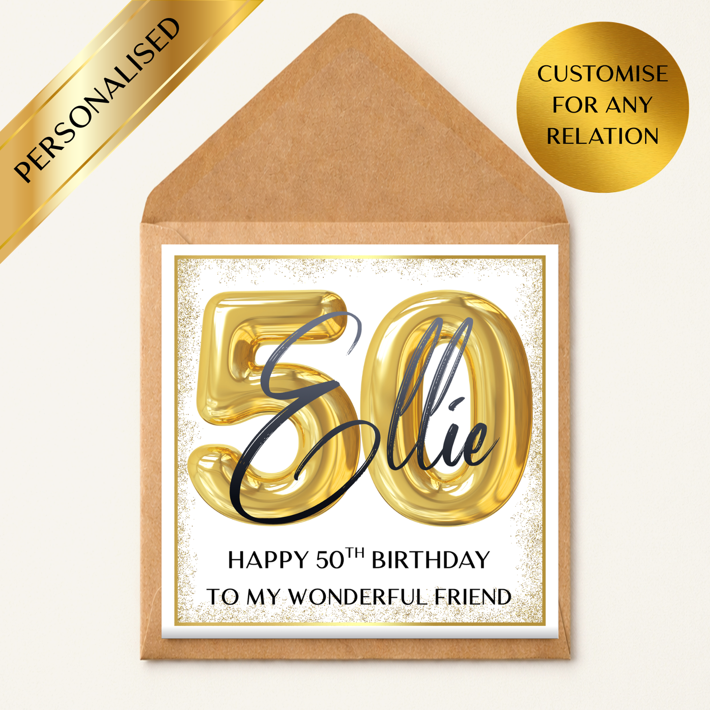 Personalised 50th Birthday Card, Gold 50 Balloon Birthday Card, Custom Name & Relation Card, 50th Birthday Card for Friend Mum Dad Any Recipient