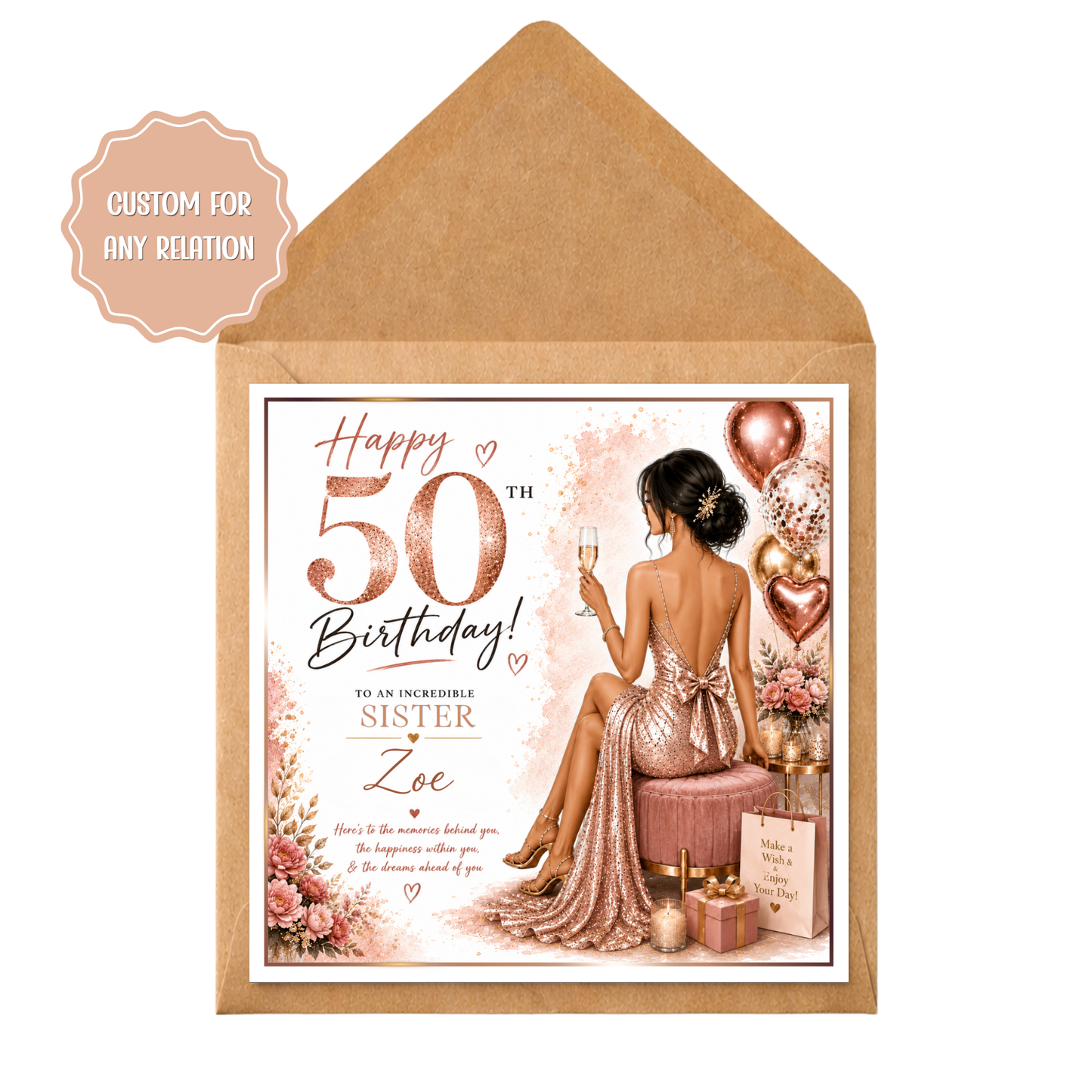 Personalised 50th Birthday Card for her | Custom 50th Birthday Card for Her | Rose Gold Birthday Card | Mum Friend Wife Daughter | Ladies 50