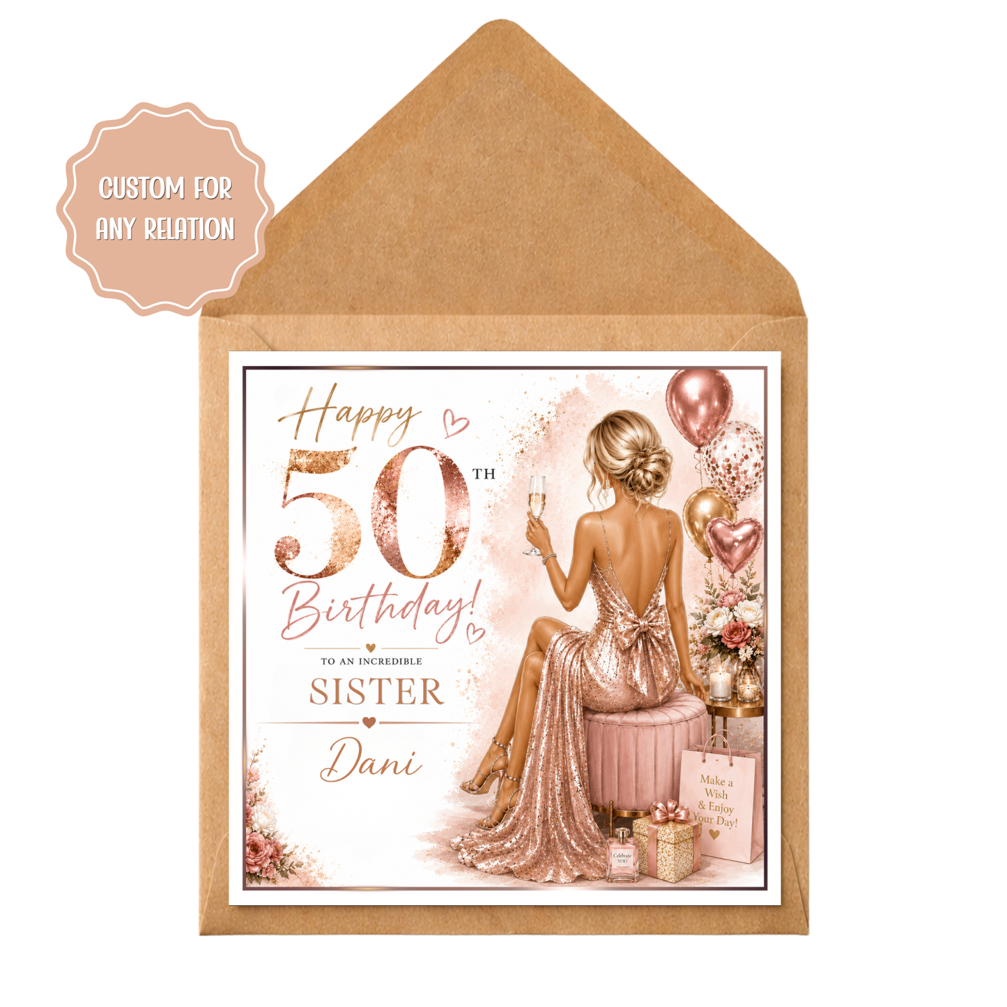 Personalised 50th Birthday Card for her | Custom 50th Birthday Card for Her | Rose Gold Birthday Card | Mum Friend Wife Daughter | Ladies 50