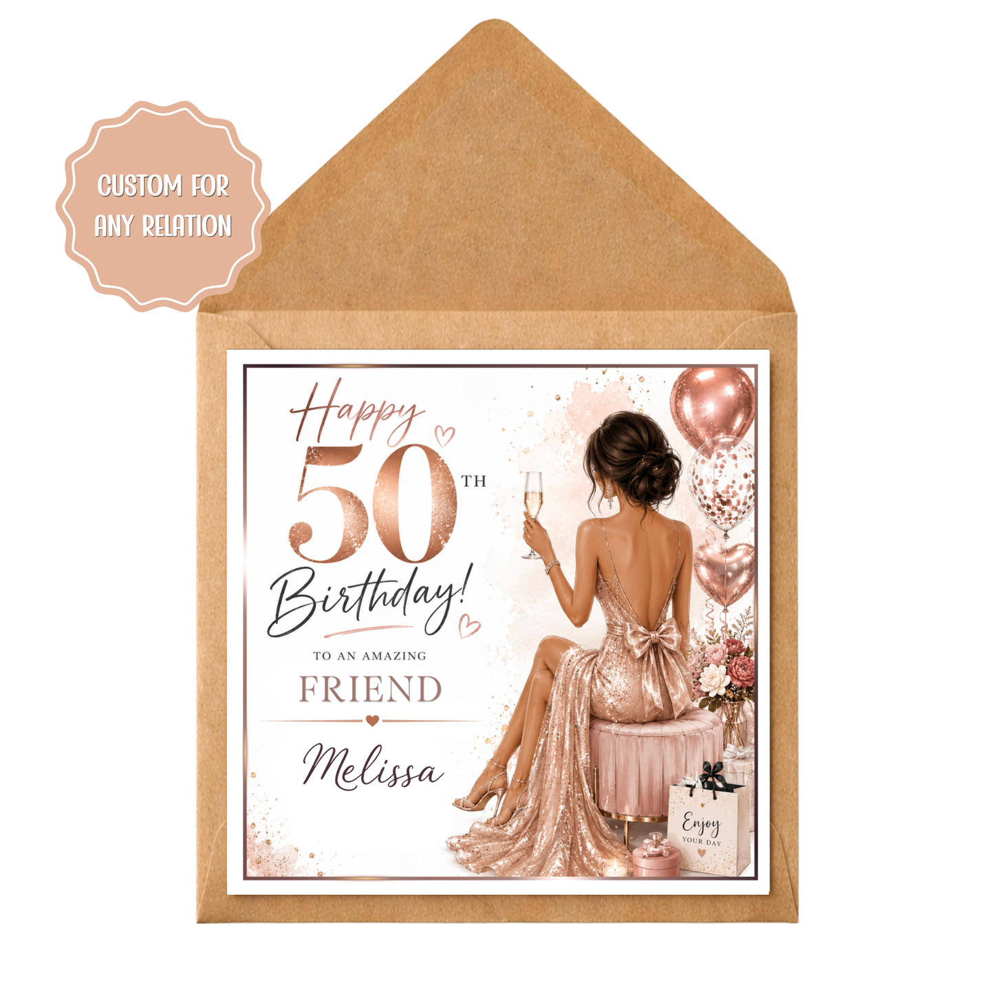 Personalised 50th Birthday Card for her | Custom 50th Birthday Card for Her | Rose Gold Birthday Card | Mum Friend Wife Daughter | Ladies 50