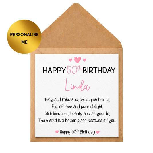 Personalised 50th Birthday Card for Her | Custom Name 50th Birthday Card | Pink Elegant Milestone Birthday Card | Fifty & Fabulous Card