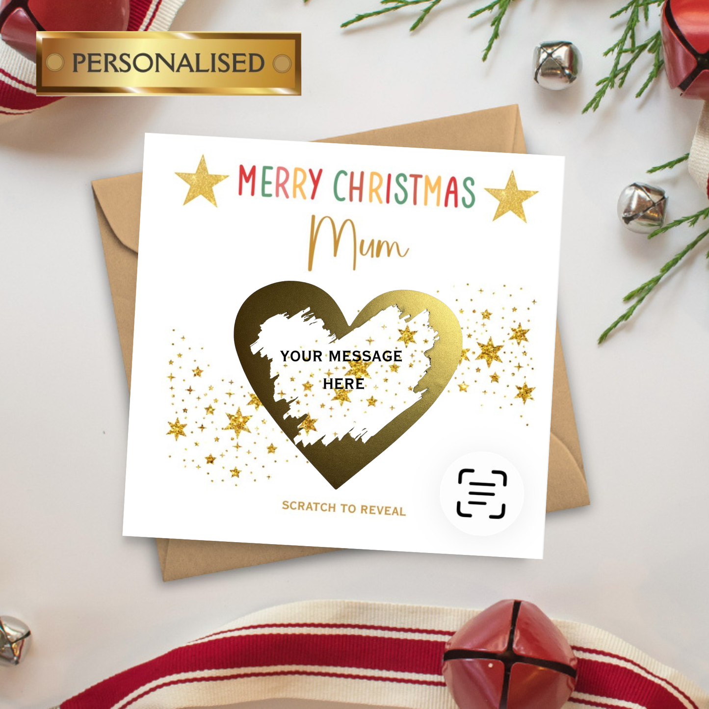 Personalised Scratch to Reveal Christmas Card – Custom Name or Relation | Secret Message Under Gold Heart | Special Christmas Gift Card