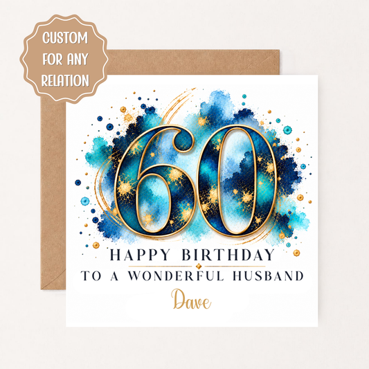 Personalised 60th Birthday Card for Him, Husband, Dad, Grandad, Brother, Blue Gold 60th Birthday Card, Custom Name