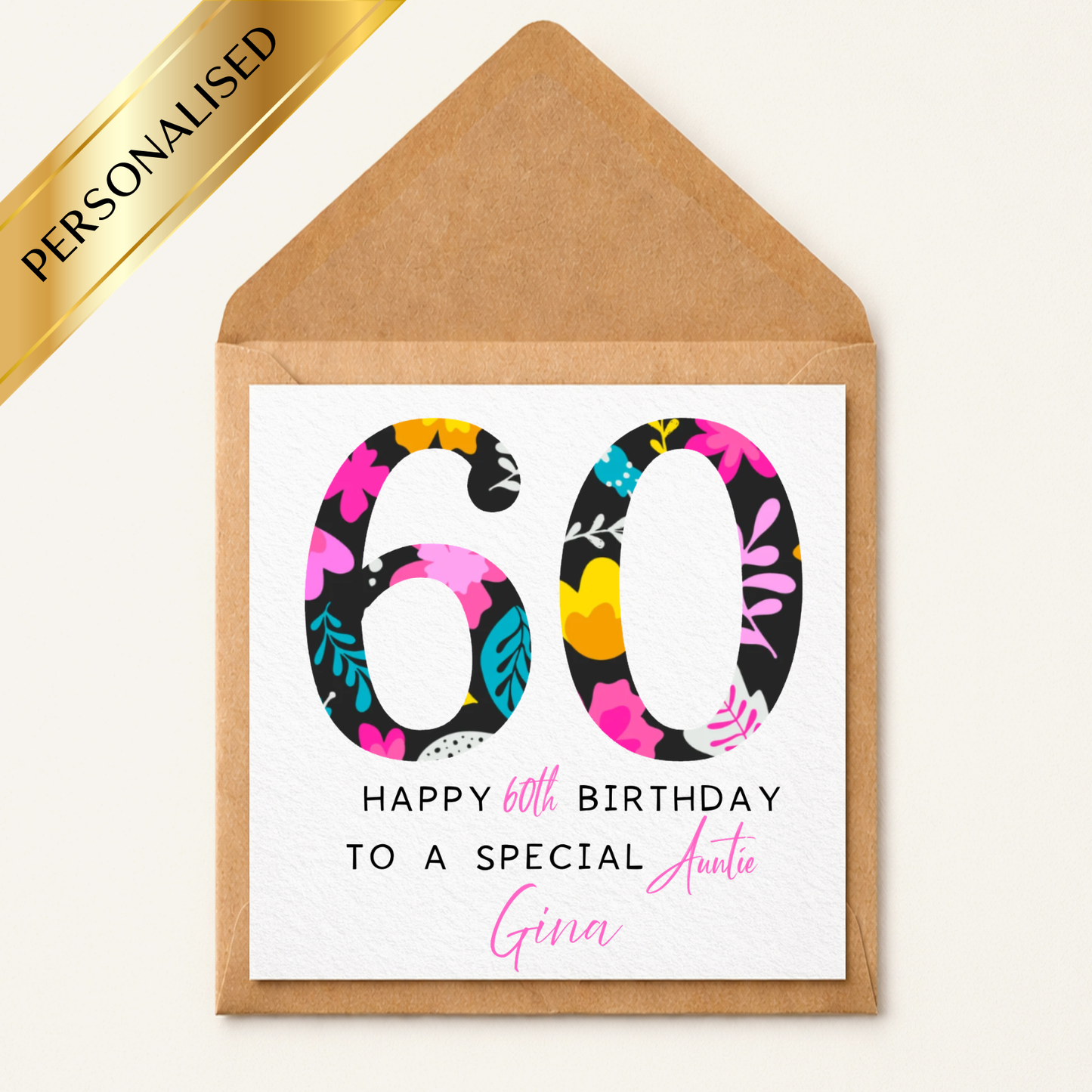 Personalised Floral 60th Birthday Card, Custom Age Flower Design