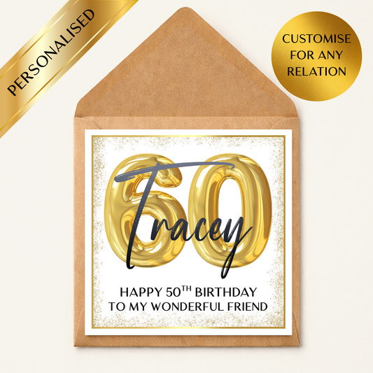Personalised 60th Birthday Card, 60 Balloon Birthday Card, Custom Name & Relation Card, 60th Birthday Card for Friend Mum Dad Any Recipient