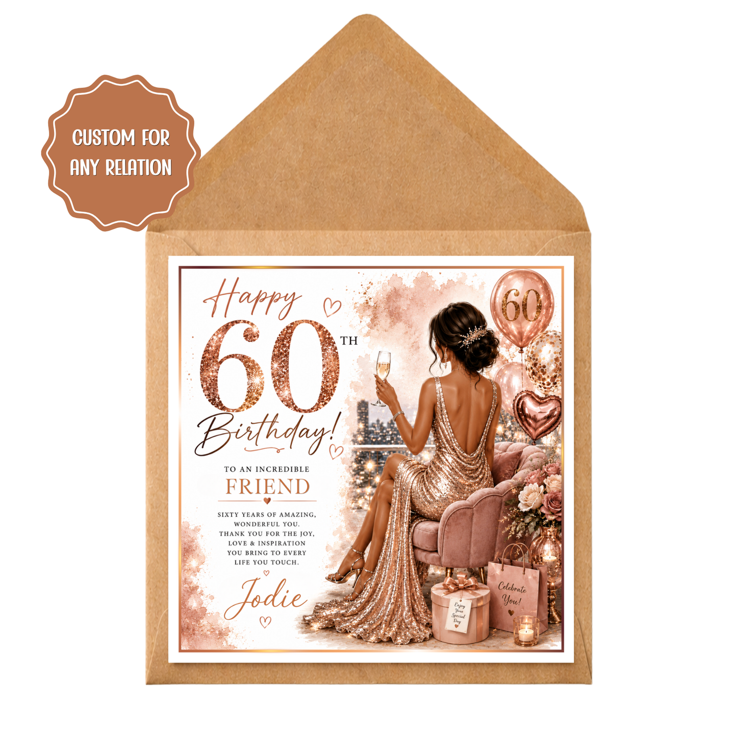 Personalised 60th Birthday Card for her | Custom 60th Birthday Card for Her | Luxury Rose Gold Birthday Card | Any Relation | Ladies 60th