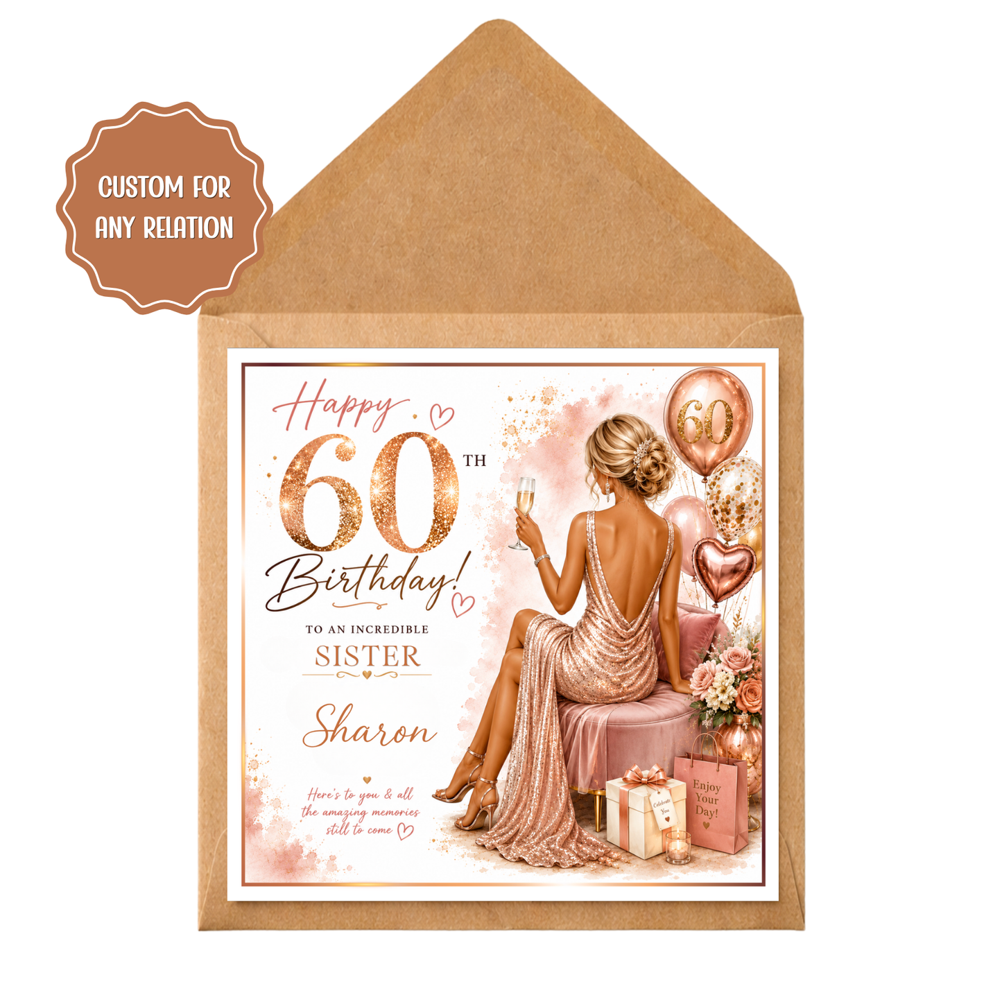 Personalised 60th Birthday Card for her | Custom 60th Birthday Card for Her | Luxury Rose Gold Birthday Card | Any Relation | Ladies 60th