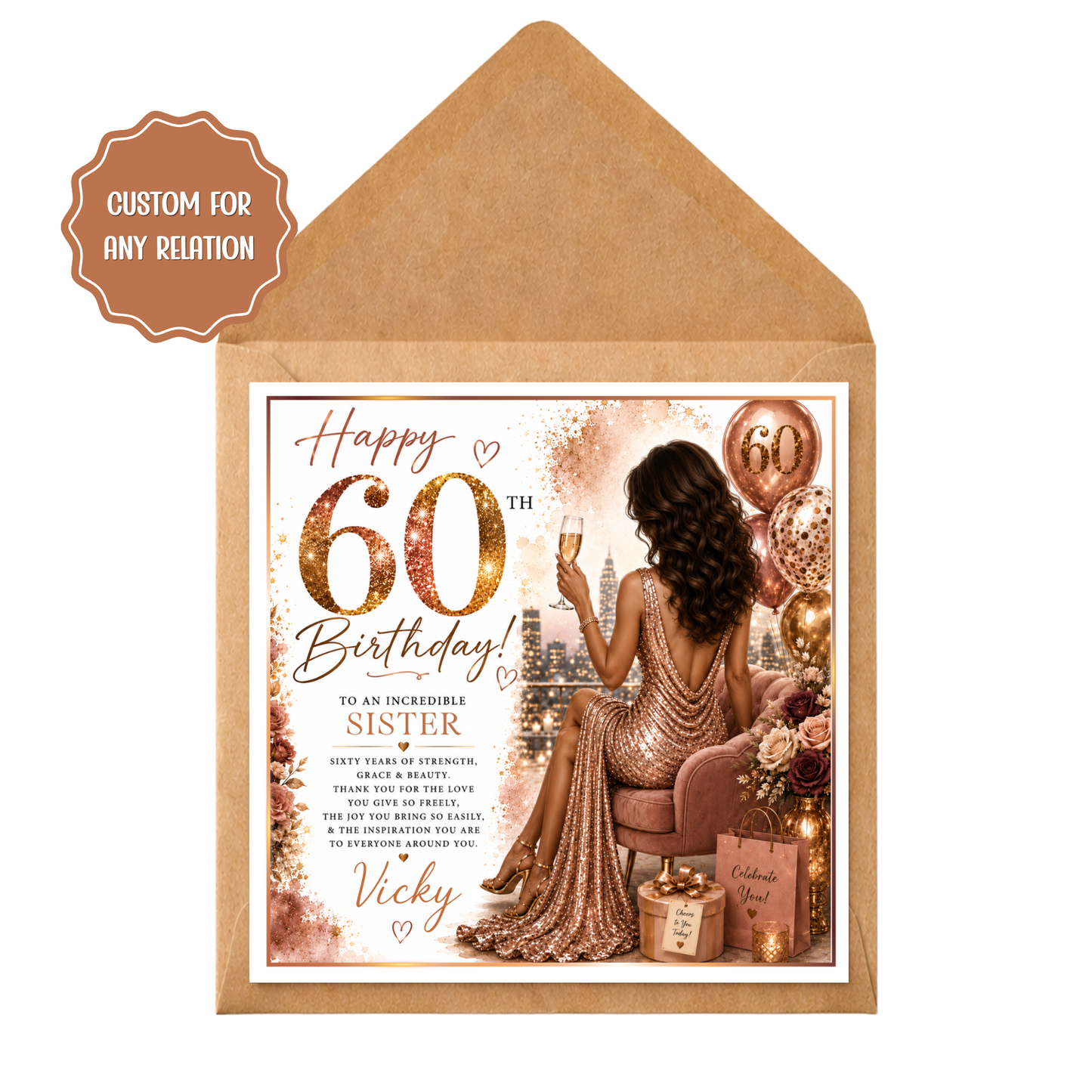 Personalised 60th Birthday Card for her | Custom 60th Birthday Card for Her | Luxury Rose Gold Birthday Card | Any Relation | Ladies 60th