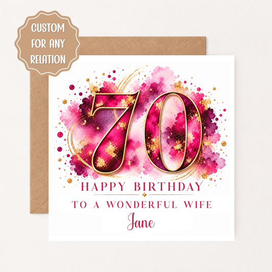 Personalised 70th Birthday Card for Wife, Mum, Sister or Friend, Pink & Gold 70th Birthday Card for Her with Name