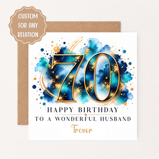 Personalised 70th Birthday Card for Him, Husband, Dad, Grandad, Brother, Blue Gold 70th Birthday Card, Custom Name