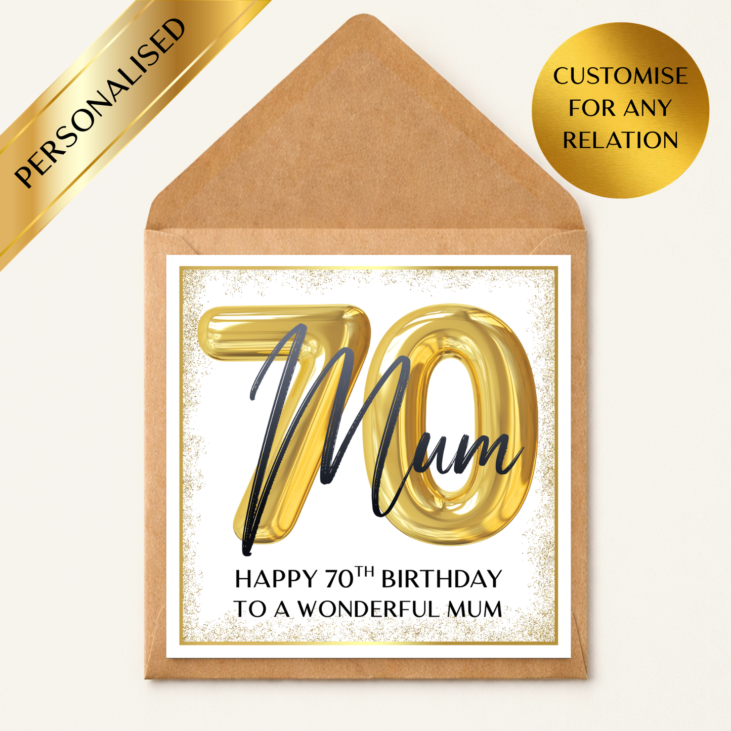 Personalised 70th Birthday Card, Gold 70 Balloon Card, Custom Any Name & Relation, Mum Dad Nan Grandad 70 Birthday Card, Luxury Milestone Card