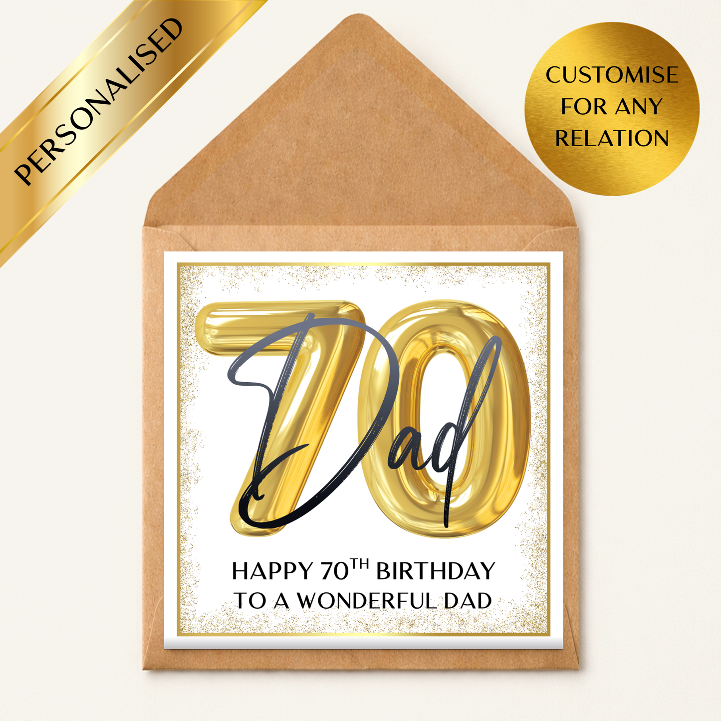 Personalised 70th Birthday Card, Gold 70 Balloon Card, Custom Any Name & Relation, Mum Dad Nan Grandad 70 Birthday Card, Luxury Milestone Card