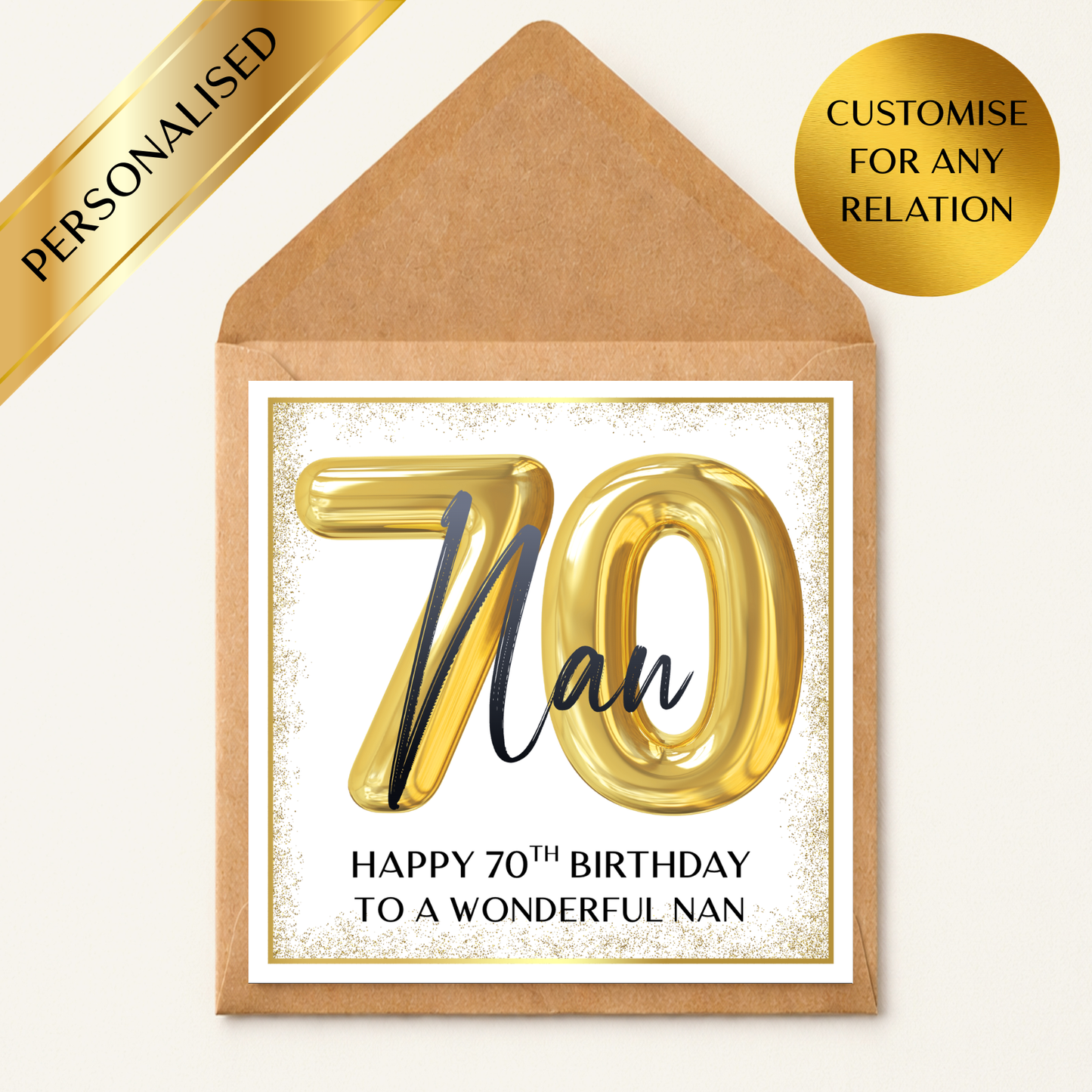 Personalised 70th Birthday Card, Gold 70 Balloon Card, Custom Any Name & Relation, Mum Dad Nan Grandad 70 Birthday Card, Luxury Milestone Card