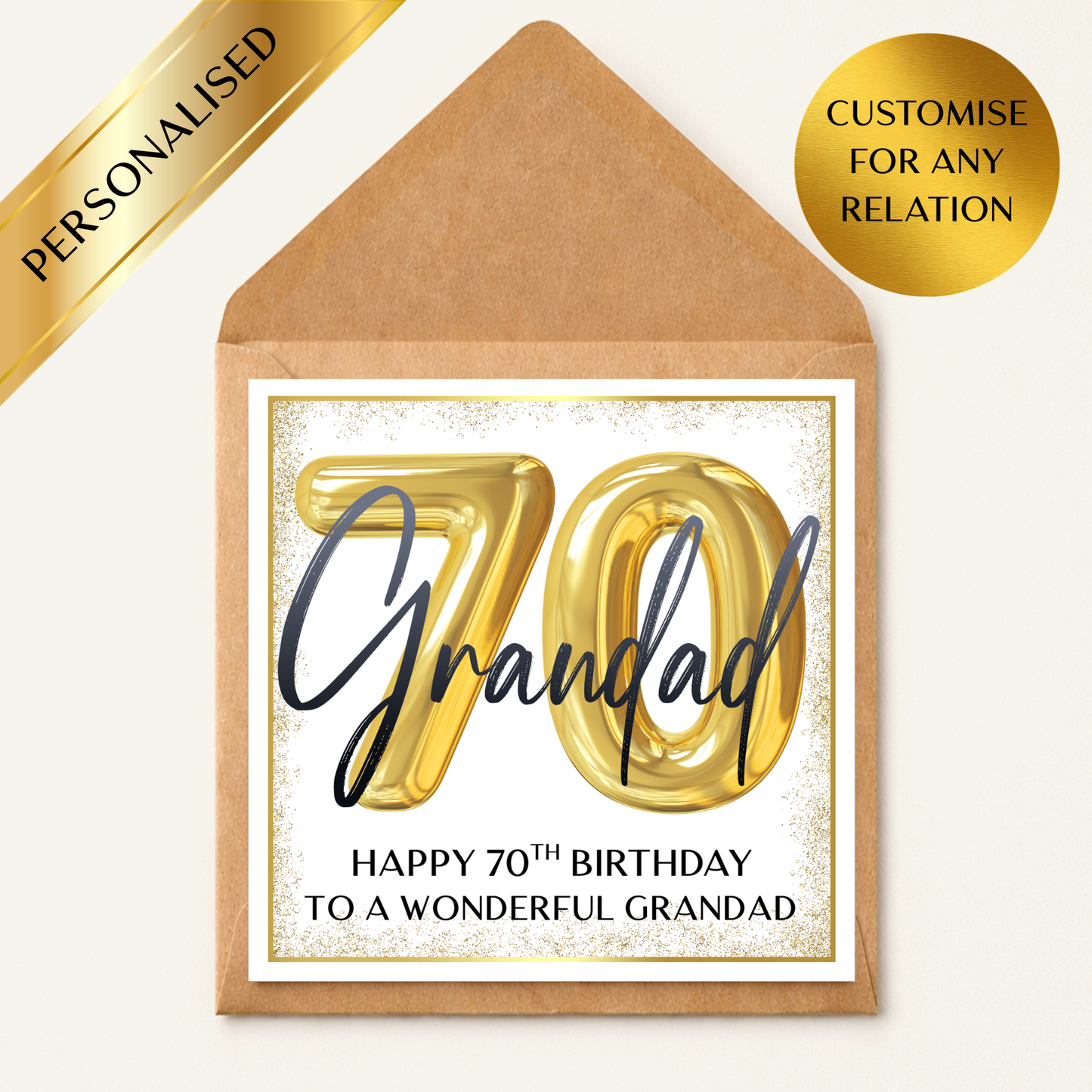 Personalised 70th Birthday Card, Gold 70 Balloon Card, Custom Any Name & Relation, Mum Dad Nan Grandad 70 Birthday Card, Luxury Milestone Card